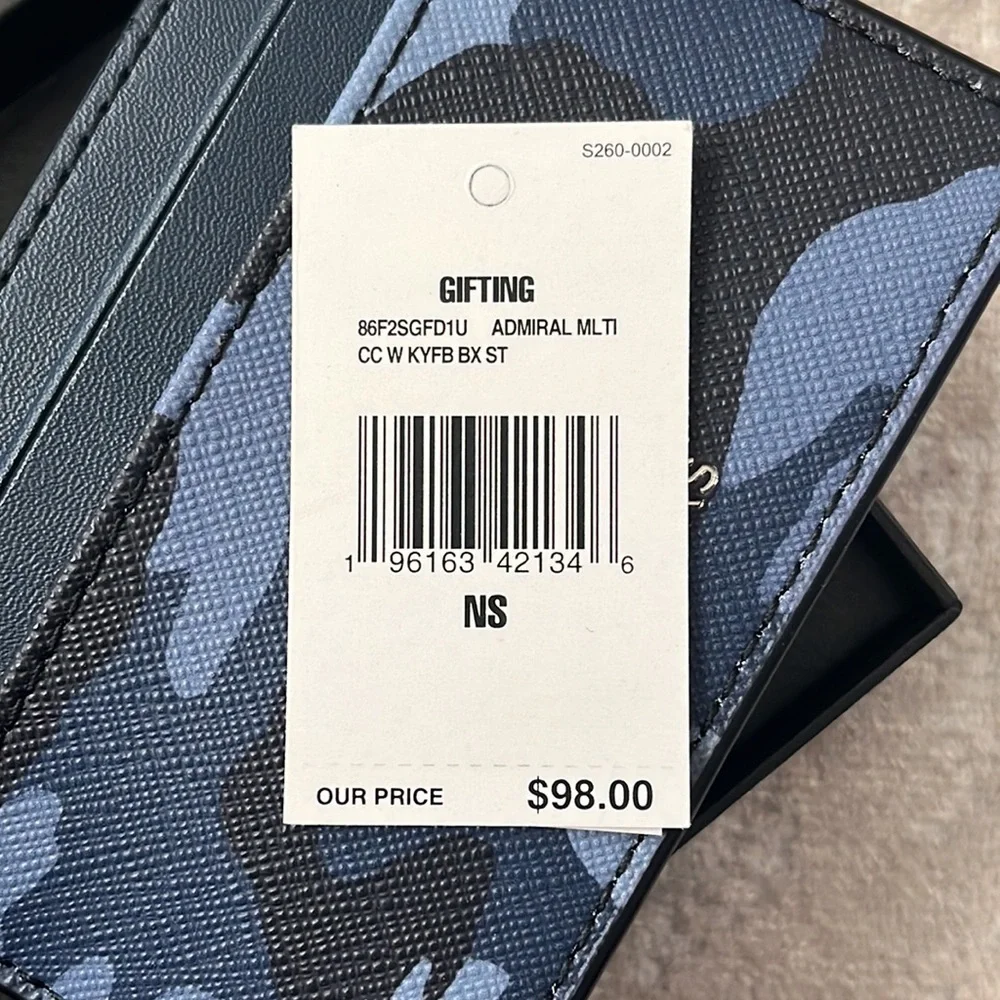 Brand New Michael Kors Admiral Blue Camo Card Holder Case & Key Fob Ring Set